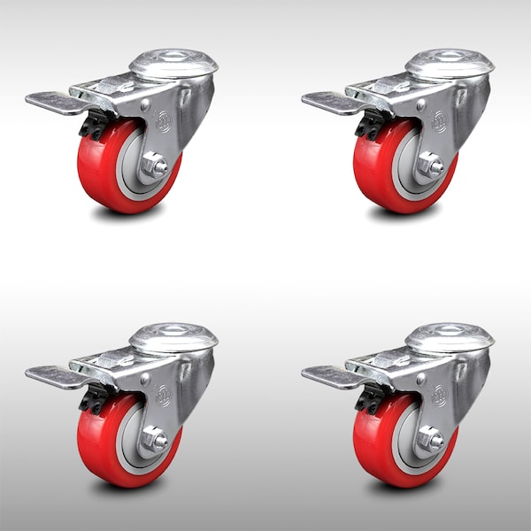 3.5 Inch SS Red Polyurethane Swivel Bolt Hole Caster Set with Total Lock Brake